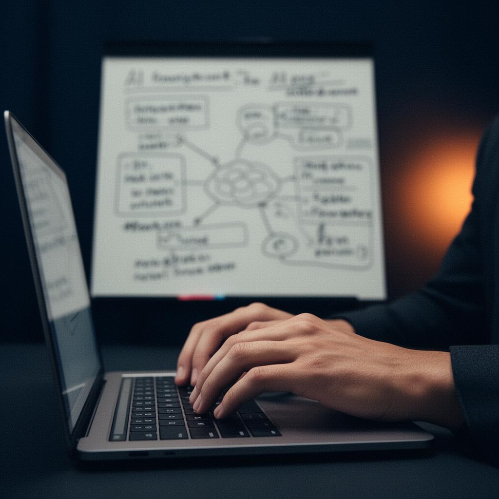 Hands typing on a laptop in front of an AI prompt whiteboard at the AVO studio