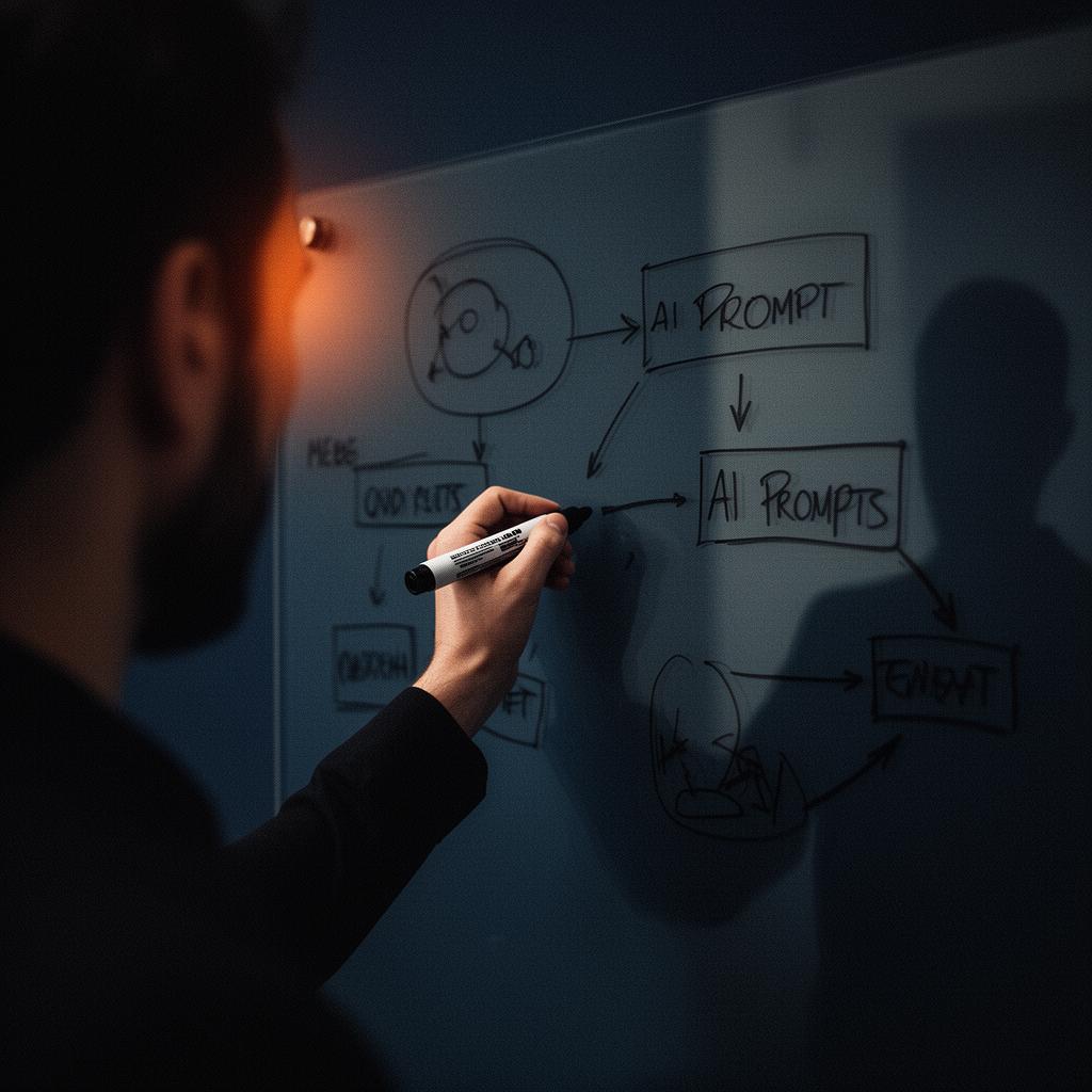 Person drawing AI prompt diagrams on a glass whiteboard during an AVO research session