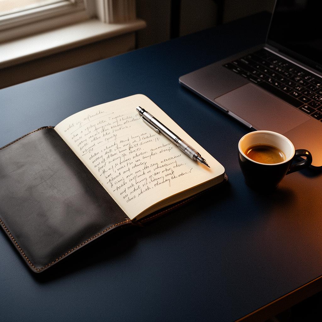 Open leather notebook, espresso and a laptop on a navy desk at the AVO studio