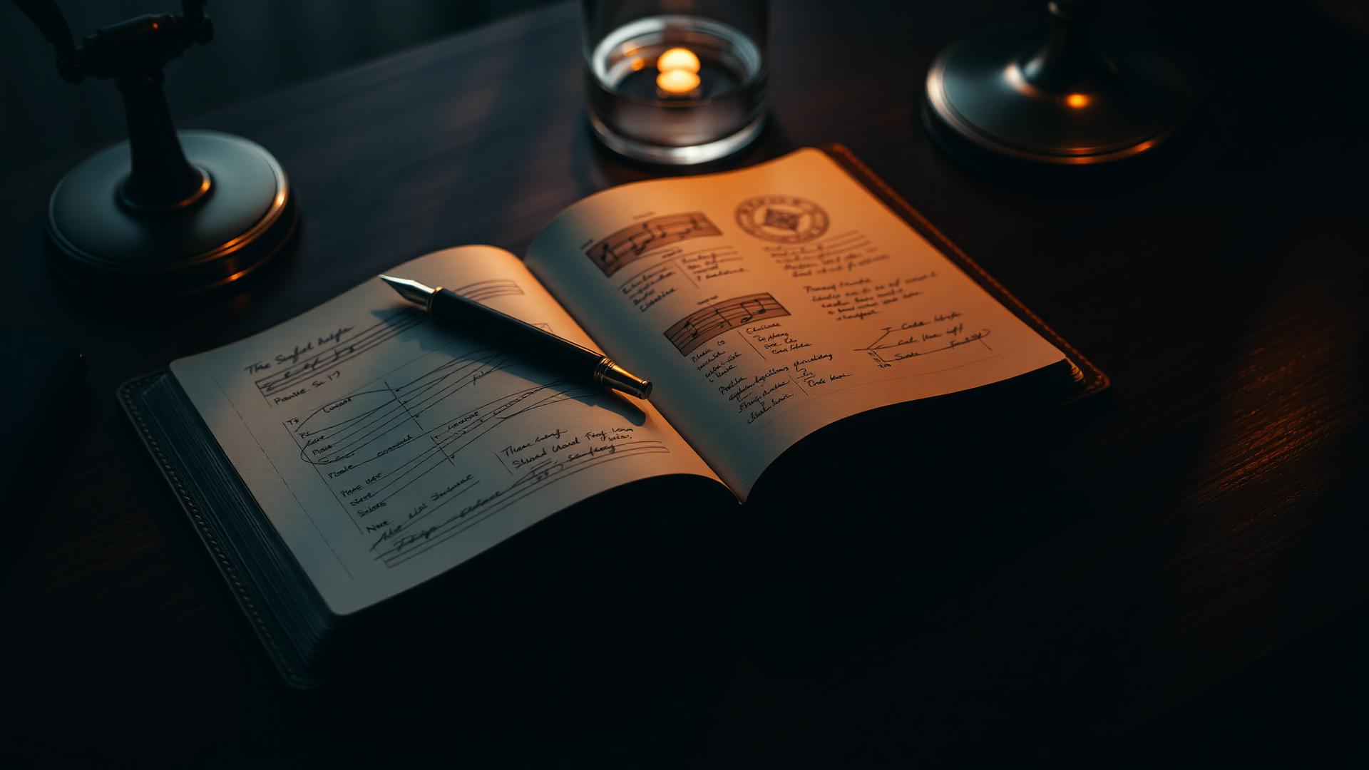 Open notebook with handwritten research diagrams under warm lamp light in a dark studio.